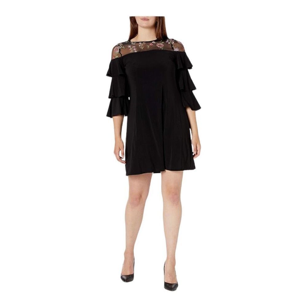Womens Gabby Skye Black Floral Mixed Media Ruffled Sleeve Dress - Sz 12